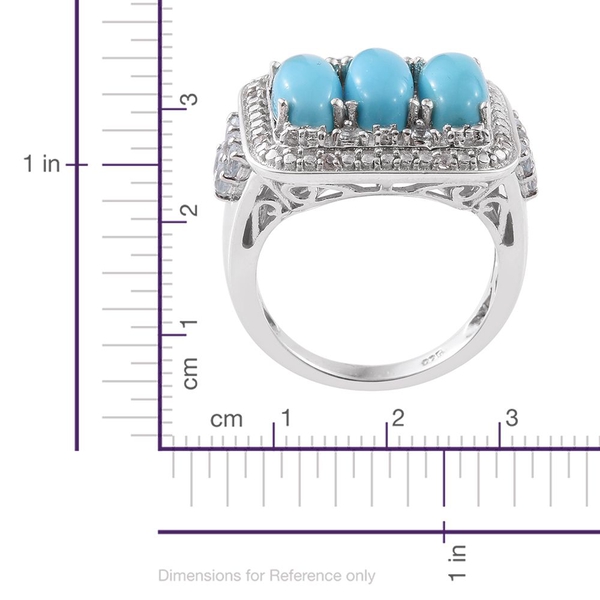 Arizona Sleeping Beauty Turquoise (Ovl), Sky Blue Topaz and Natural Cambodian Zircon Ring in Platinum Overlay Sterling Silver 4.250 Ct. Silver wt 5.74 Gms.