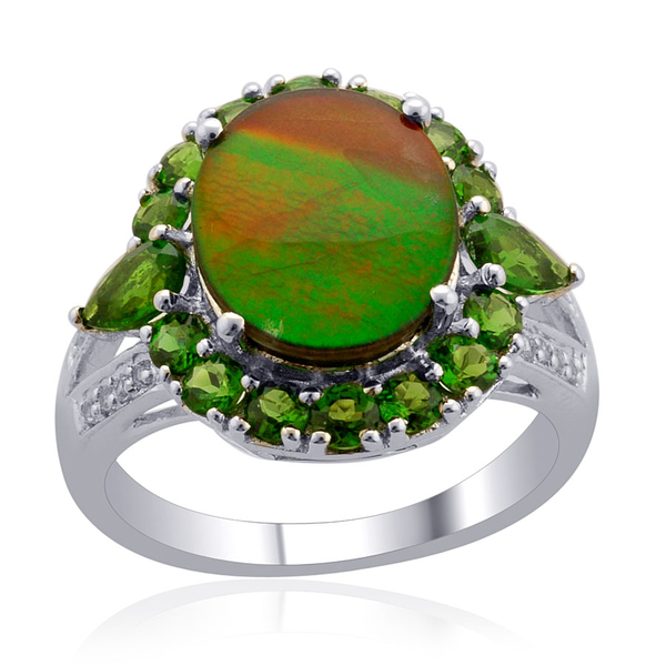Canadian Ammolite (Ovl 3.25 Ct), Chrome Diopside and White Topaz Ring in Platinum Overlay Sterling S
