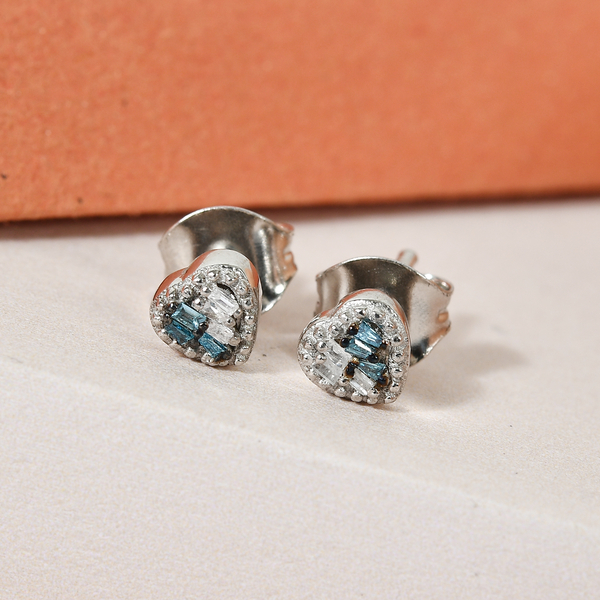 Blue and White Diamond Heart Stud Earrings (with Push Back) in Platinum Overlay Sterling Silver
