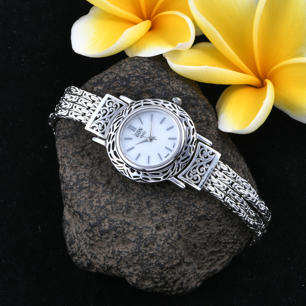 Royal Bali Collection  EON 1962  Swiss Movement Watch (Size 7.5) with Hand Made Borobudur Chain in Oxidised Sterling Silver, Silver wt. 50.00 Gms