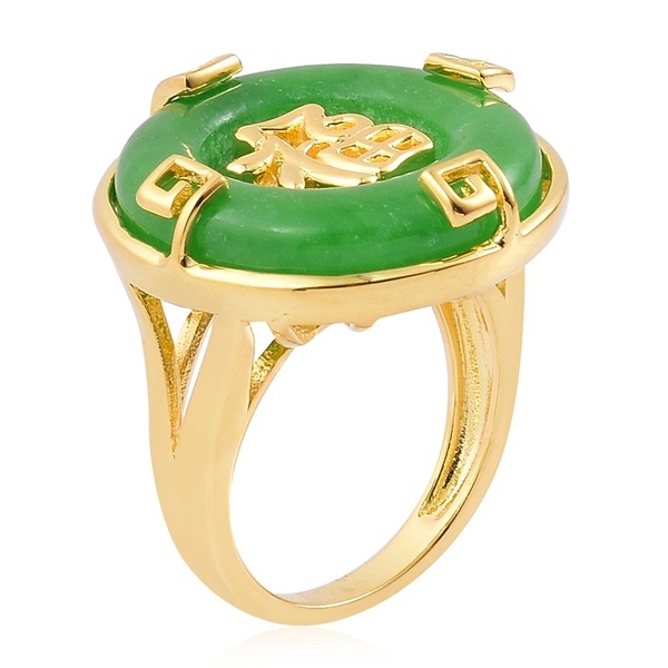 Chinese Green Jade (Rnd) Chinese Character FU (Happiness) Ring in Yellow Gold Overlay Sterling Silver 12.750 Ct.