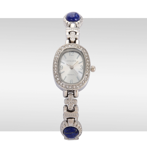 STRADA Japanese Movement White Dial White Austrian Crystal Water Resistant Watch in Silver Tone with Lapis Lazuli Strap
