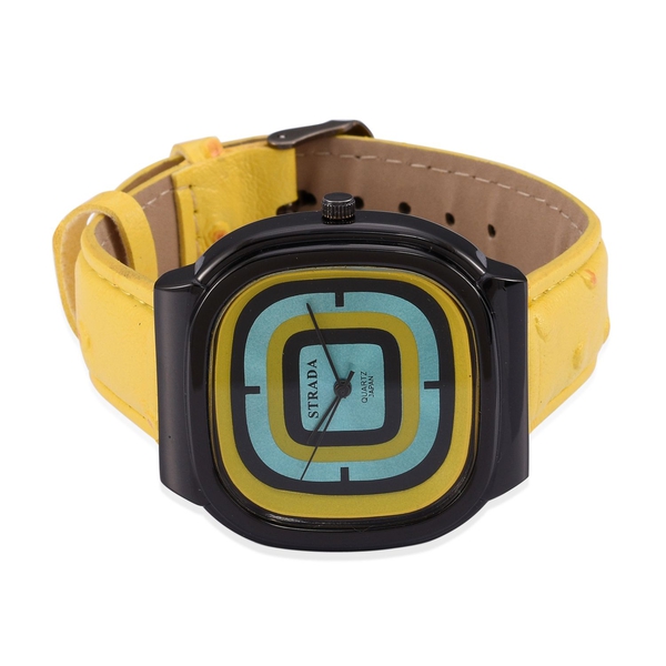 STRADA Japenese Movement Blue, Black and Yellow Dial Water Resistant Watch in Black Tone with Stainless Steel Back and Yellow Strap