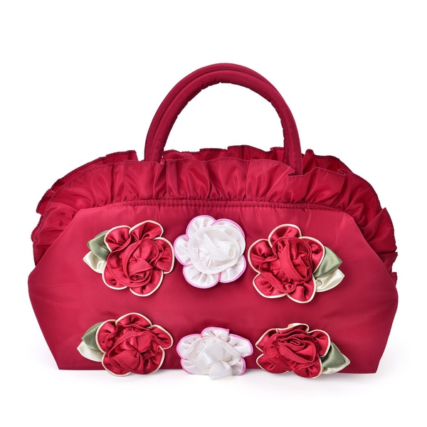 3D Flowers and Ruffle Embellished Red and Cream Colour Tote Bag (Size 30X17.5X13 Cm)