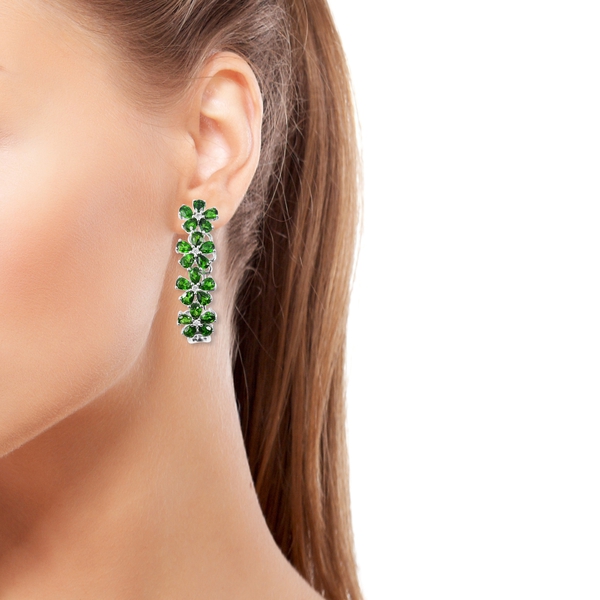Designer Inspired - Chrome Diopside (Pear), Natural White Cambodian Zircon Flower Earrings (with Clasp Lock) in Rhodium Overlay Sterling Silver 8.070 Ct, Silver wt 8.24 Gms