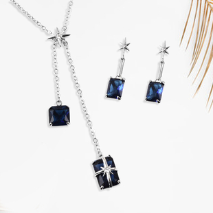 Set of 2 - Simulated Blue Sapphire Necklace (Size 20 with 3 inch Extender) & Earrings (with Push Bac