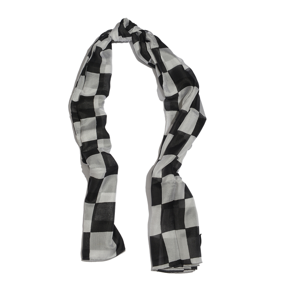 100% Mulberry Silk Black and White Colour Handscreen Geometric Printed White Colour Scarf (Size 180x100 Cm)