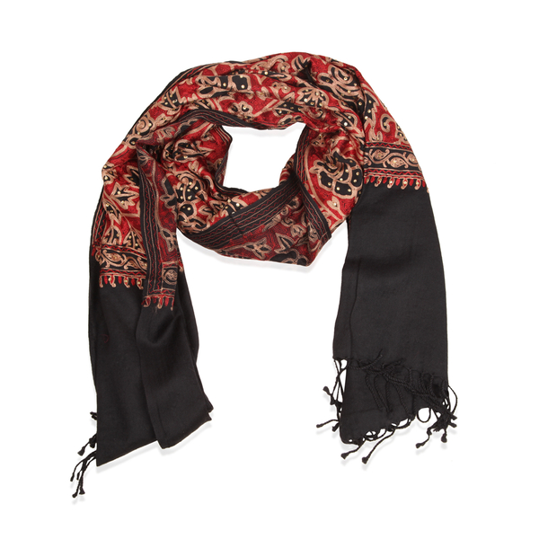 Limited Available 100% Merino Wool Floral Embroidered Black Colour Shawl with Tassels (Size 200x70 C