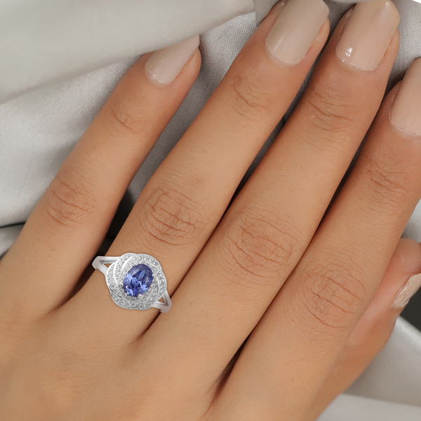 ELANZA Simulated Tanzanite and Simulated Diamond Ring in Rhodium Overlay Sterling Silver