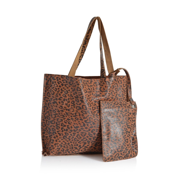 Genuine Leather Leopard Pattern Chocolate and Black Colour Reversible Tote Bag with a Small Pouch (Size 33x29 Cm and 19x14 Cm)