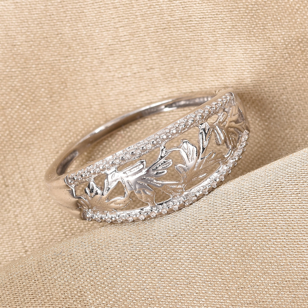 Diamond and Leaf Ring in Platinum Overlay Sterling Silver