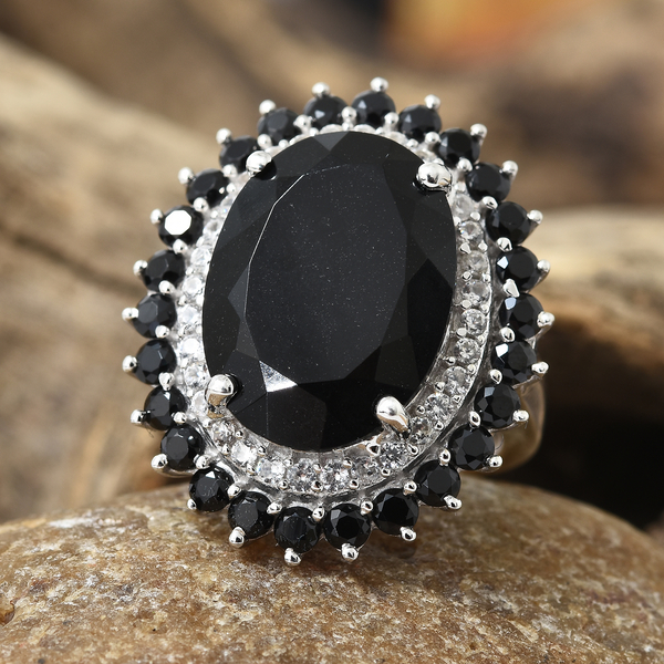 Black Tourmaline (Ovl 12.40 Ct), Boi Ploi Black Spinel, Natural Cambodian Zircon Ring in Platinum Overlay Sterling Silver 15.250 Ct, Silver wt 6.80 Gms.
