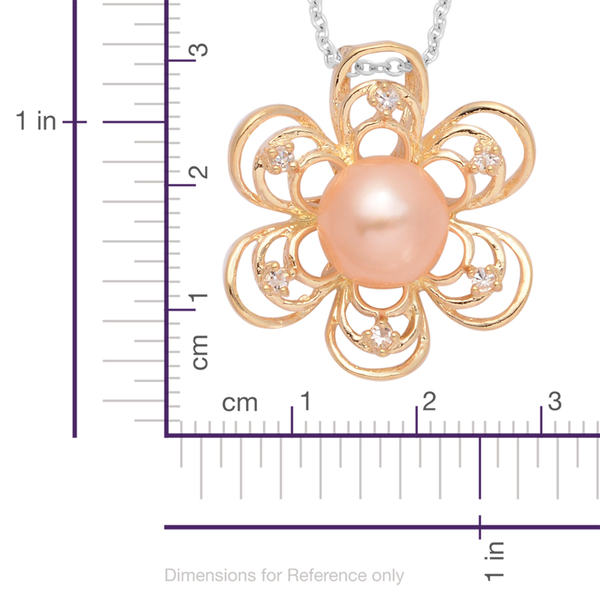 Fresh Water Dyed Peach Pearl and White Austrian Crystal Flower Pendant in Gold Tone with Stainless Steel Chain (Size 20)