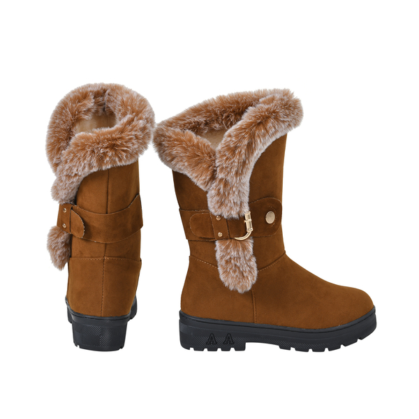 Faux Fur Winter Boots with Buckle (Size 6) - Brown