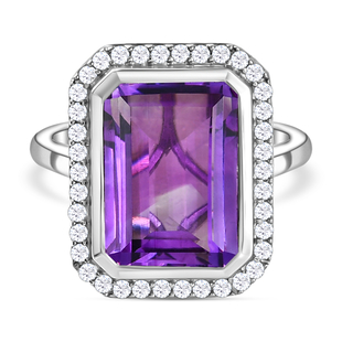 Moroccan Amethyst and Natural Cambodian Zircon Ring in Platinum Overlay Sterling Silver 7.77 Ct.