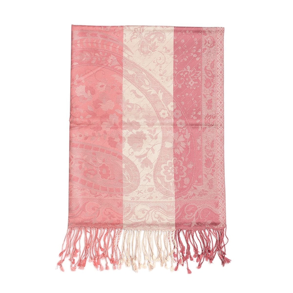 100% Superfine Silk Dark and Light Pink Colour Jacquard Jamawar Shawl with Paisley Motifs and Fringes at the Bottom (Size 180x70 Cm) (Weight 125 - 140 Gms)