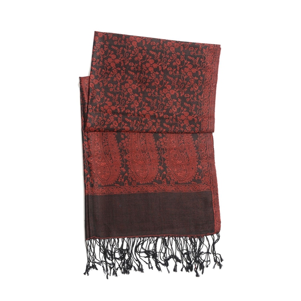 100% Superfine Silk Red Colour Paisley and Floral Pattern Jacquard Jamawar Shawl with Fringes (Size 180x70 Cm) (Weight 125 -140 Grams)