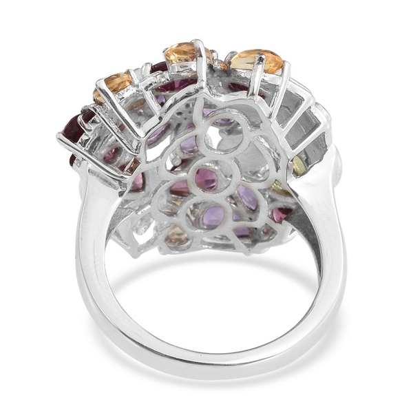 Stefy Rhodolite Garnet (Pear), Amethyst, Hebei Peridot, Citrine and Pink Sapphire Floral Ring in Platinum Overlay Sterling Silver 6.000 Ct.