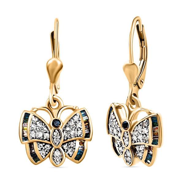 GP Italian Garden Collection - Kanchanaburi Blue Sapphire and Multi Diamond Dangling Earrings(With Lever Back) in 18K Vermeil Yellow Gold Overlay Sterling Silver