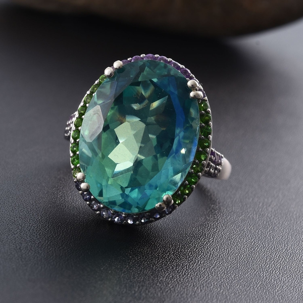 Peacock Quartz (Ovl 16.00 Ct), Chrome Diopside, Amethyst and Iolite Ring in Platinum Overlay Sterling Silver 16.520 Ct.