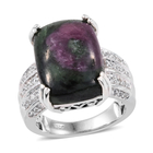 Ruby Zoisite (Cush 16x12 mm), Natural Cambodian Zircon Ring (Size Q) in Platinum Overlay Sterling Silver 16.0