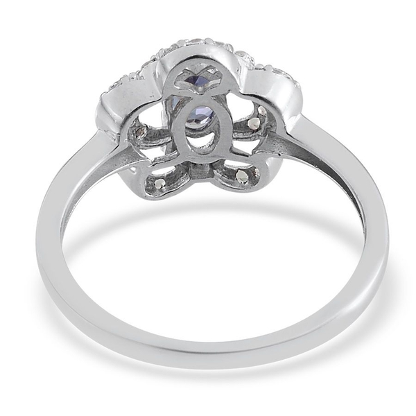 Tanzanite (Ovl 0.50 Ct), White Topaz Floral Ring in Platinum Overlay Sterling Silver 0.650 Ct.