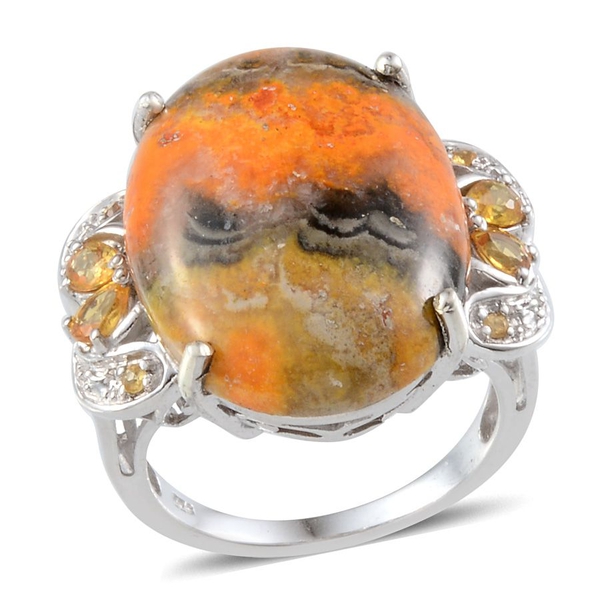 Bumble Bee Jasper (Ovl 17.00 Ct), Yellow Sapphire Ring in Platinum Overlay Sterling Silver 17.850 Ct