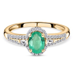 9K Yellow Gold AAA Kagem Zambian Emerald and Diamond Ring 1.06 Ct.