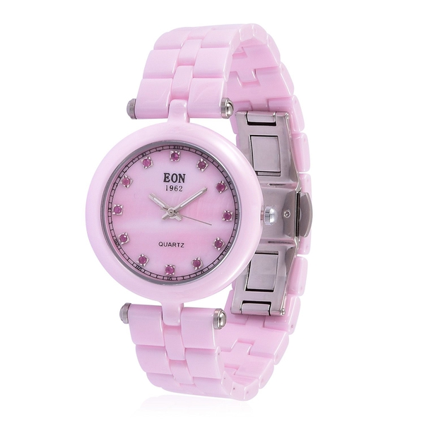 EON Pink Ceramic SWISS MOVEMENT Ruby Studded Mother of Pearl Sapphire Glass Watch