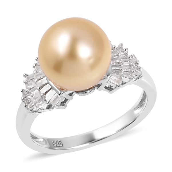 Golden South Sea Pearl and Diamond Contempary Ring in Rhodium Plated Silver