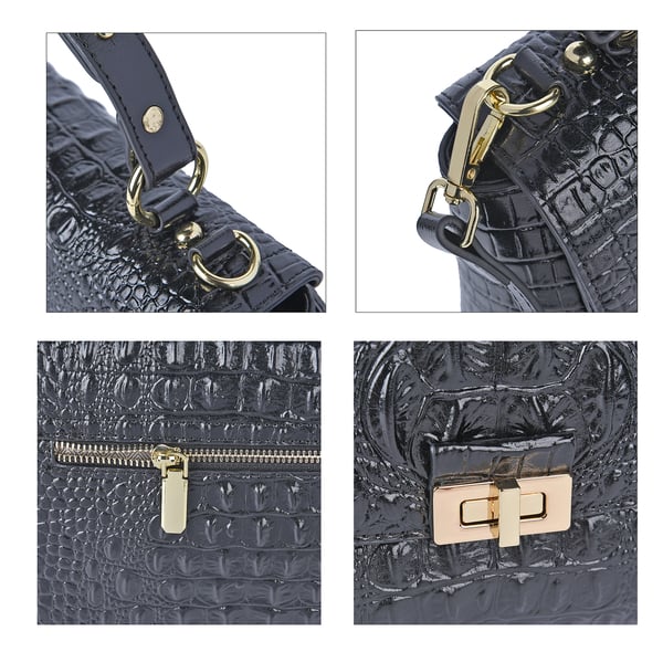 100% Genuine Leather Croc Embossed Convertible Bag with Detachable Long Strap (Size 32x22x11 cm) - Black