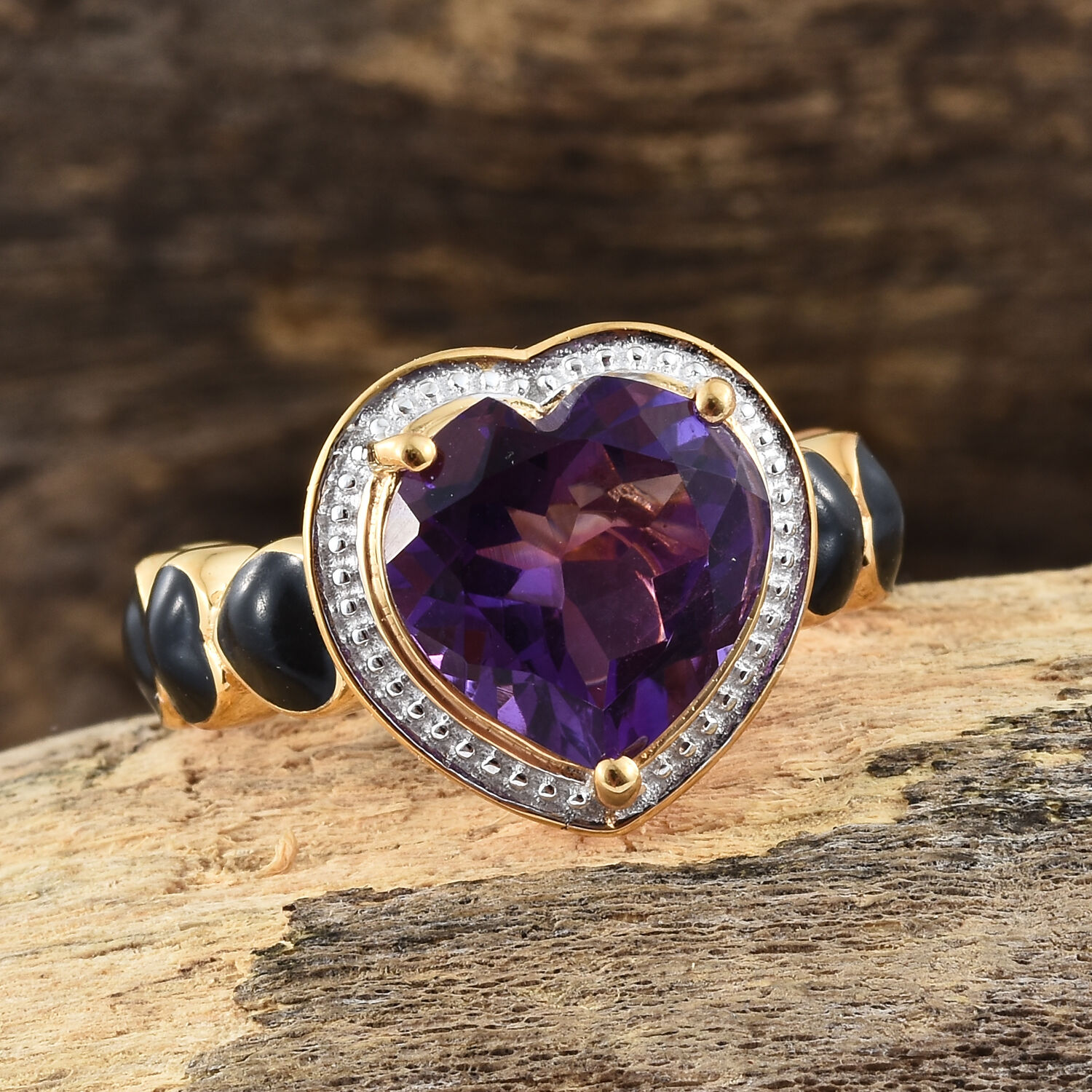 GP - Amethyst & Blue Sapphire Heart Enameled Ring in 18K Vermeil Yellow Gold Plated Sterling Silver 4.10 Ct.