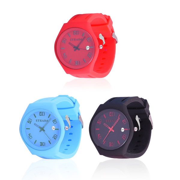 Set of 3 - STRADA Japanese Movement Red, Blue and Black Colour Watch in Silver Tone with Silicone St