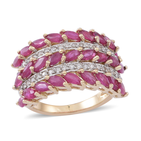 9K Y Gold Ruby (Mrq), Natural Cambodian White Zircon Ring 3.250 Ct.