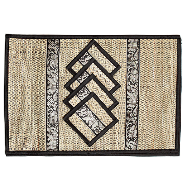 Traditional Thai Pattern Black Bamboo Wicker Placemat (12x18) and Coaster (5x5) Set