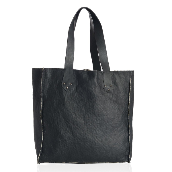 Linea Black Genuine Leather With 100% Cotton Floral Lace Bonding Reversible Tote (Size 34x34x8 Cm)
