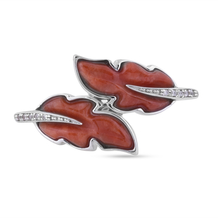 Isabella Liu Leaf Collection - Carved Red Jade and Natural Cambodian Zircon Leaf Bypass Ring in Rhod