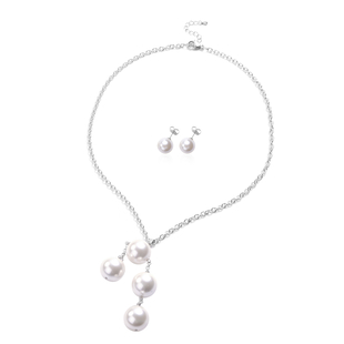 2 Piece Set - White Shell Pearl Necklace (Size 20) and Stud Earrings
