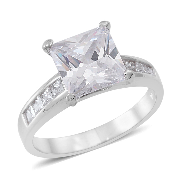 ELANZA AAA Simulated White Diamond (Sqr) Ring in Rhodium Plated Sterling Silver