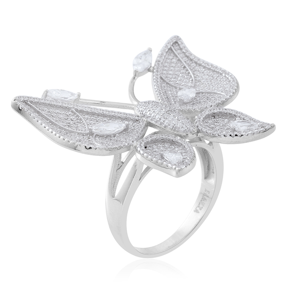 Signature Collection ELANZA AAA Simulated White Diamond (Mrq) Butterfly Ring in Rhodium Plated Sterling Silver. No of Stones 486