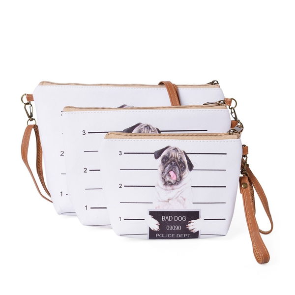 Set of 3 - White, Brown and Multi Colour Dog Face Cosmetic Bag (Size Large 28X27X7 Cm, Medium 21X15X