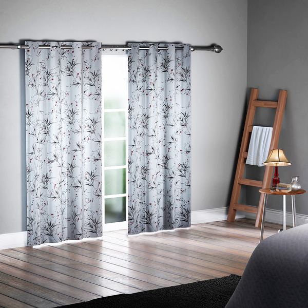 SERENITY NIGHT Set of 2 - Floral Pattern Blackout Curtain with 8 Eyelets (Size 14x240Cm) - Light Grey, Light Blue and Multi