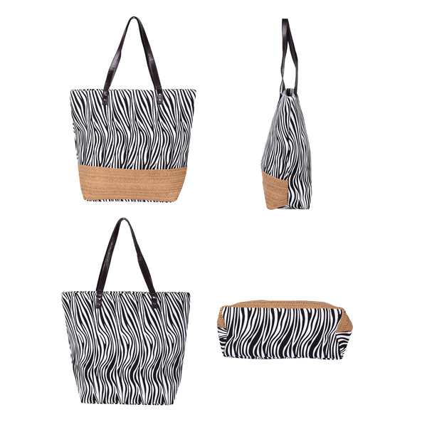 Zebra Pattern Tote Bag with Straw-Woven Design in White and Blue
