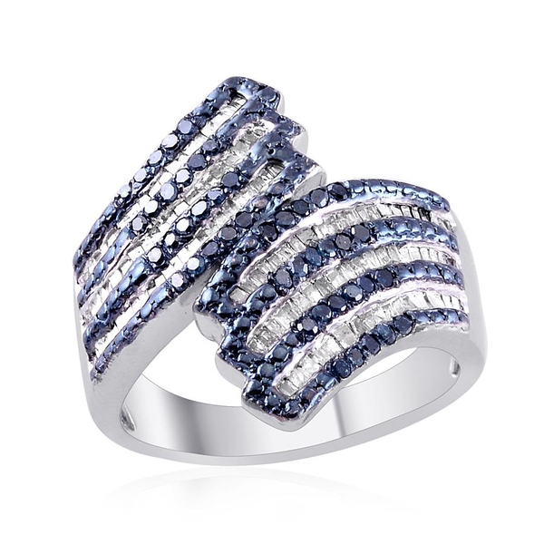 Blue Diamond (Rnd), Diamond Crossover Ring in Platinum Overlay Sterling Silver 1.000 Ct.