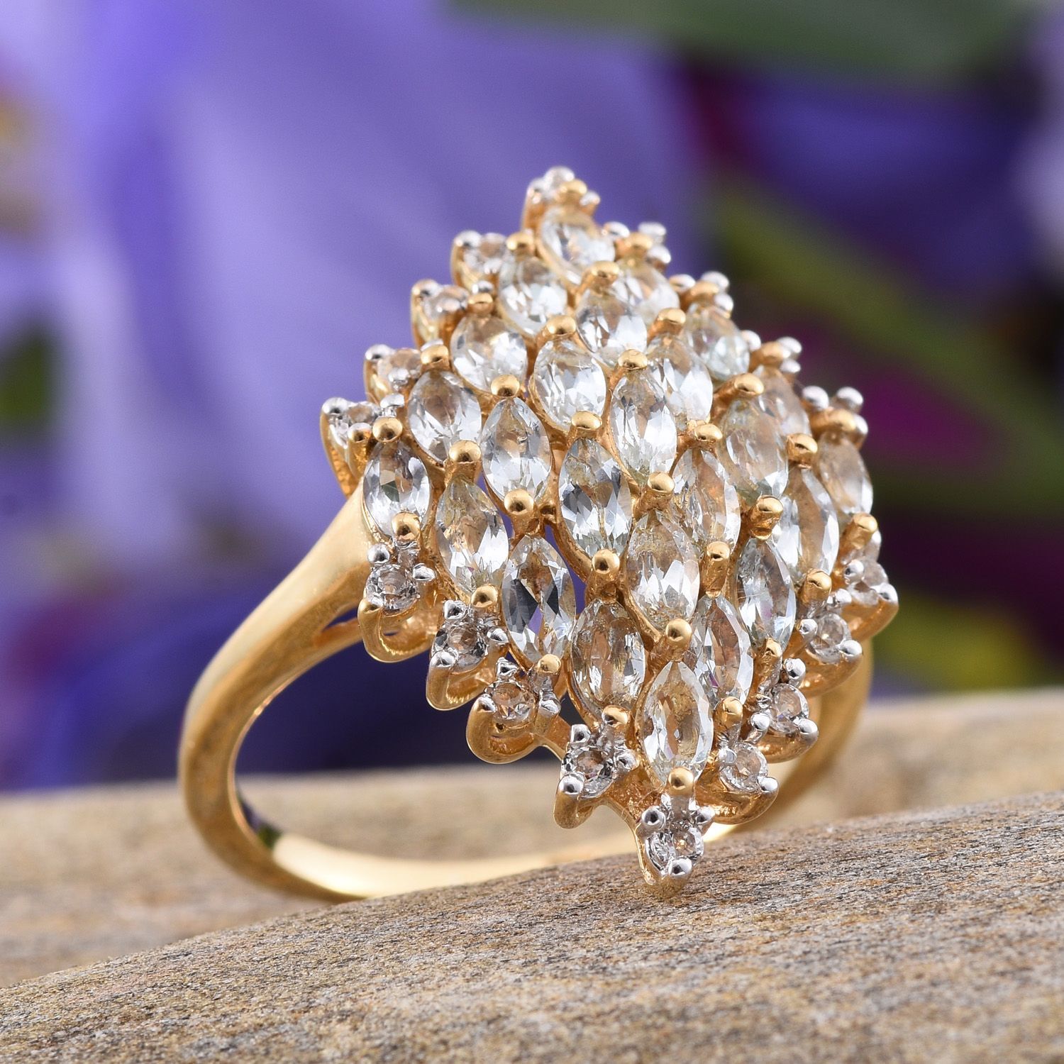 Espirito Santo Aquamarine (Mrq), White Topaz Cluster Ring in 14K Gold Overlay Sterling Silver 2.000 Ct.