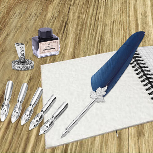 Set of Navy Feather Pen with Pen Stand, Black Ink (15ml) and 6-Different Nip Shapes in Silver Tone