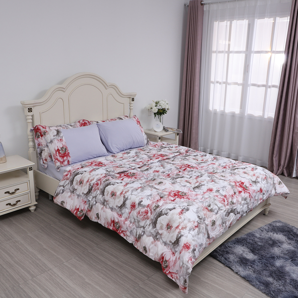 6 Piece Set - Floral Pattern Comforter (220x225cm), Fitted Sheet (140x190+30cm), 2 Pillow Case and 2 Envelope Pillow Case - White, Lilac & Multi