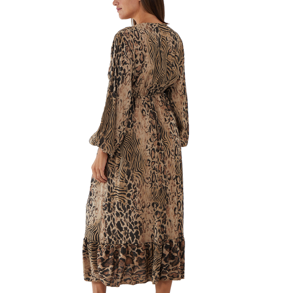 TAMSY 100% Viscose Printed Midi Dress with Tassels (One Size) - Camel