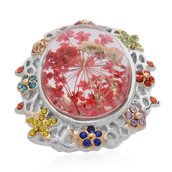 Natural Flower Preserved in Resin with Multi Colour Austrian Crystal Ring in Yellow Gold Plated and 