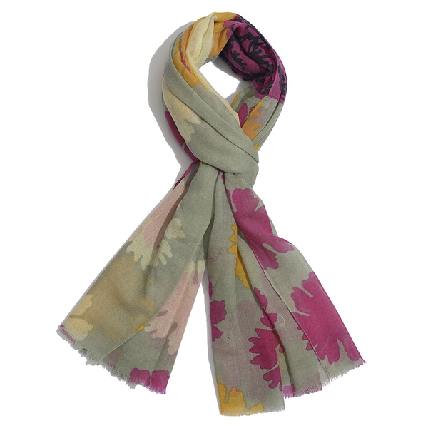 100% Wool Floral Pattern Pink, Yellow and Multi Colour Scarf (Size 180x100 Cm)